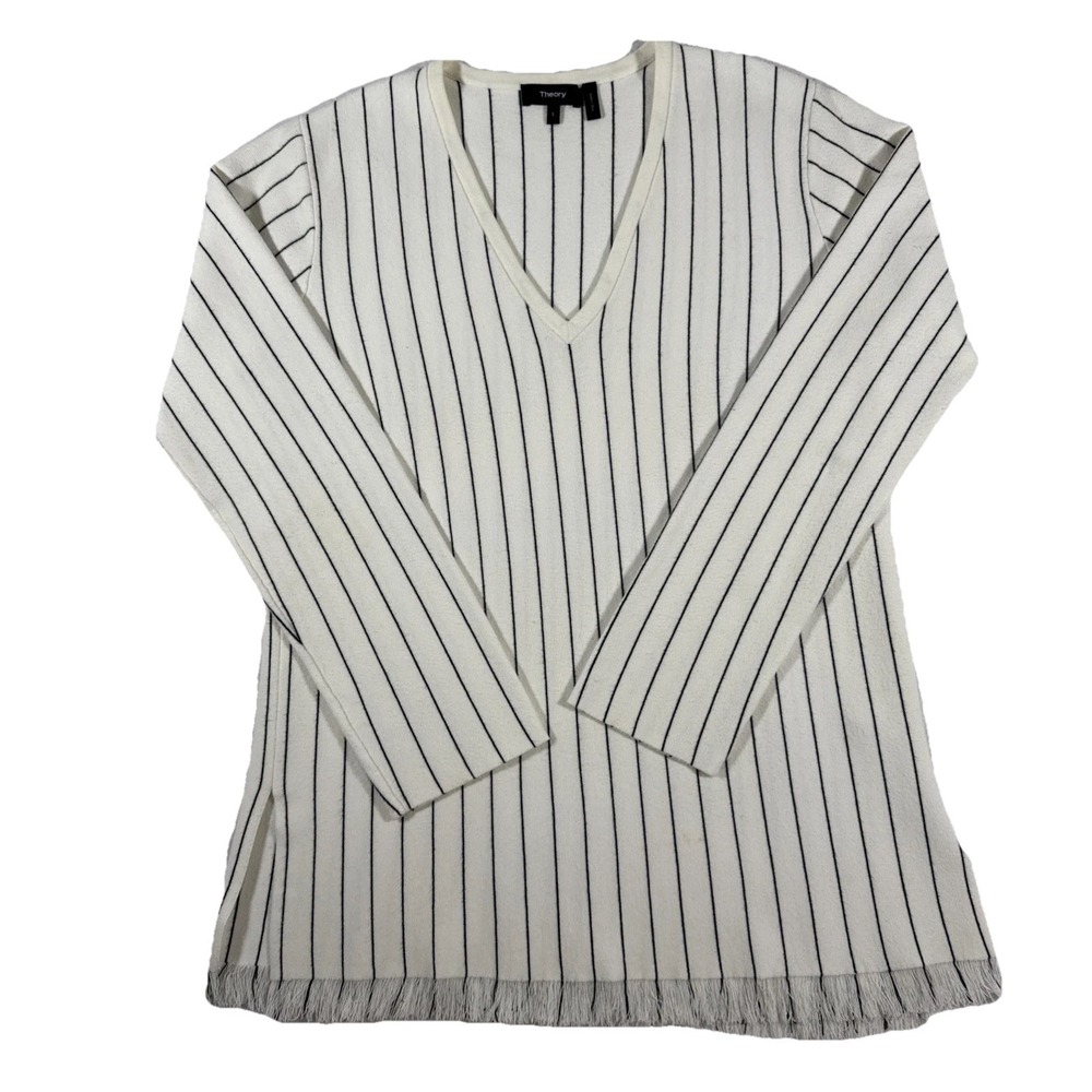 Theory V-Neck Fringe Hem Black White Striped Sweater‎ Large